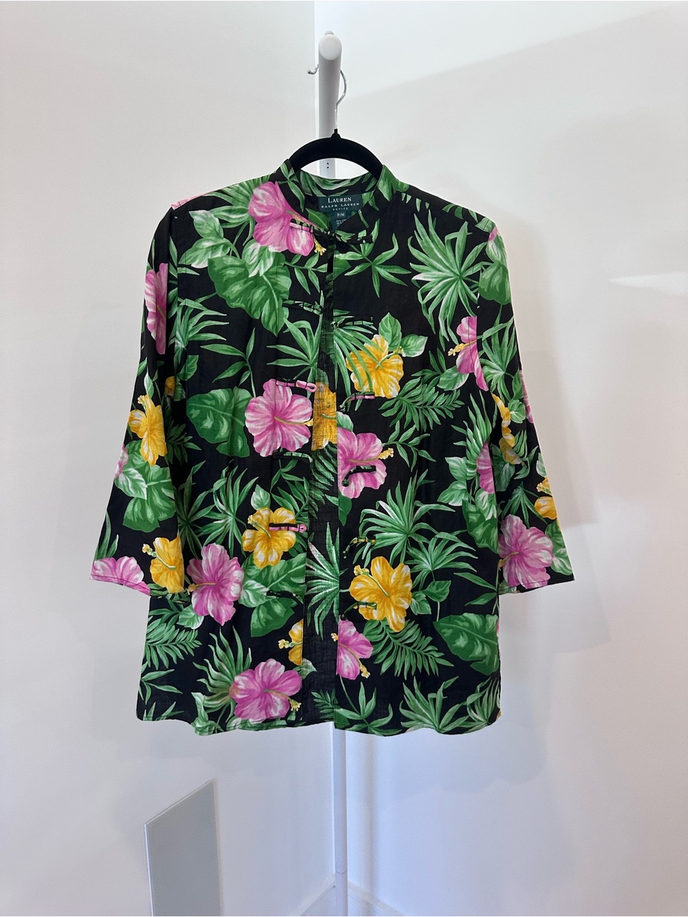 Lauren Ralph Lauren Linen Floral Tunic Petite (M) Black Tropical Hibiscus Resort